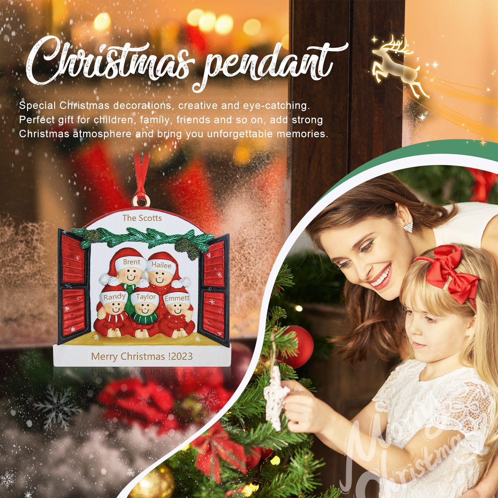 Navidad-Ornamento muñecos navideño de madera familia de 5 y 2 textos y año personalizados adorno del árbol-Jessemade ES