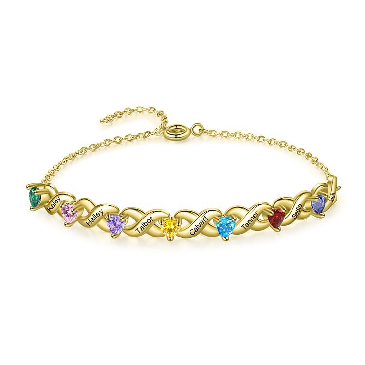 Pulsera infinito personalizada con 7 nombres y 7 piedras de nacimiento de corazón -Jessemade ES