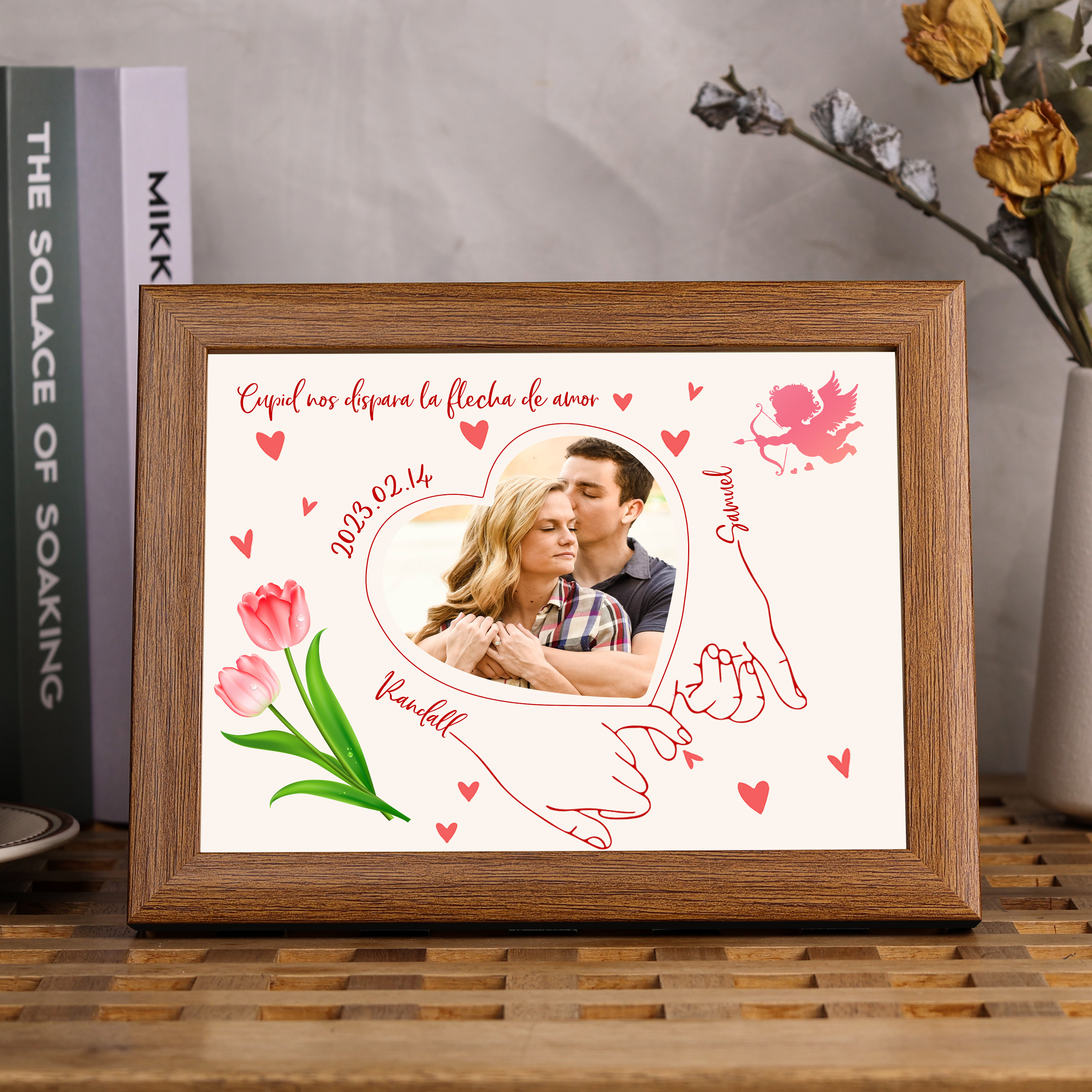 Marco de 1 foto de madera para pareja 2 nombres y fecha personalizados-Jessemade ES