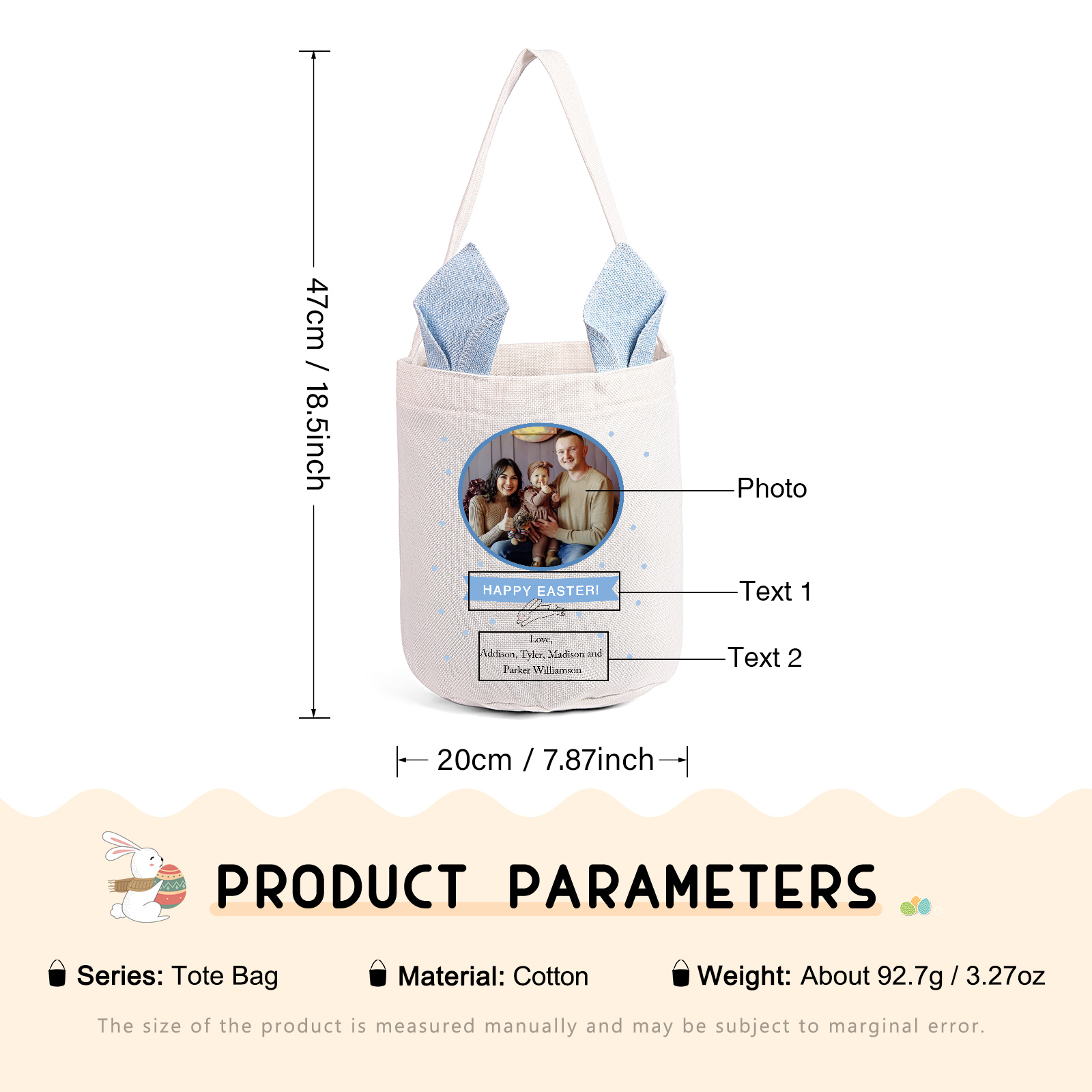 Pascua-Bolsa de conejo con 2 textos y 1 foto personalizados-Jessemade ES