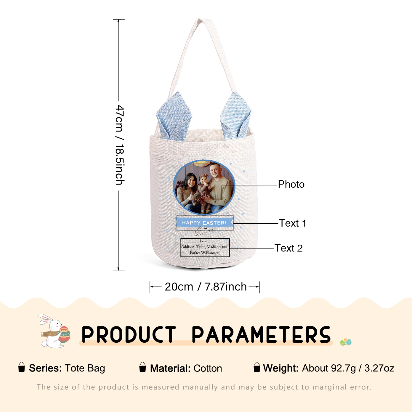 Pascua-Bolsa de conejo con 2 textos y 1 foto personalizados-Jessemade ES