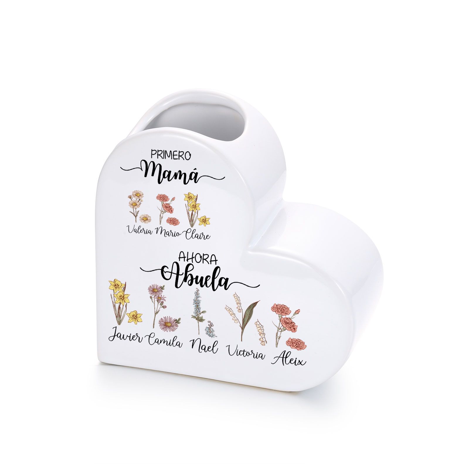Jarrón corazón de cerámica personalizado con 2 a 10 nombres y flores de nacimiento, regalo para el Día de la Madre para la abuela y la mamá
