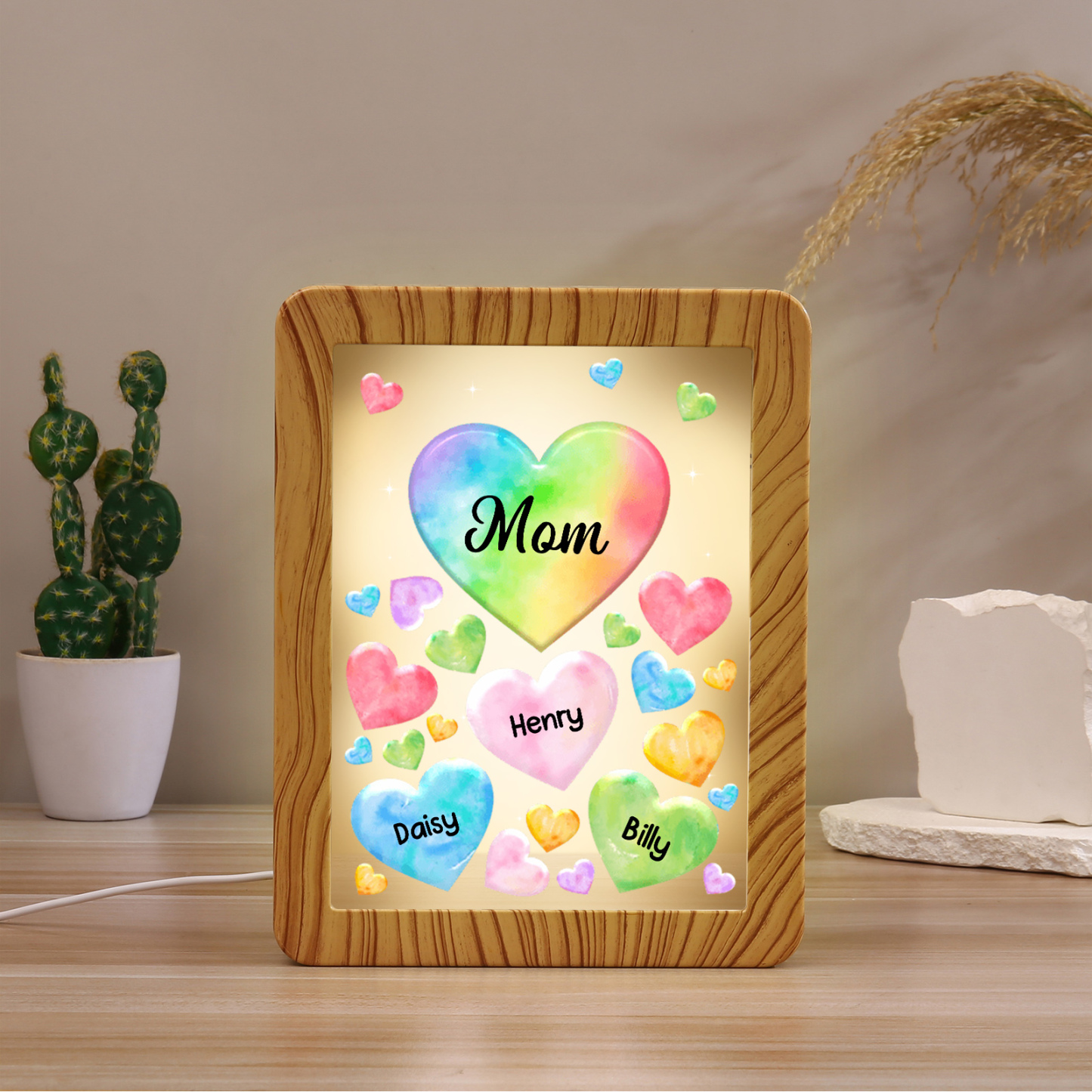 Marco/Espejo con LED Multifuncional Corazones 1-7 Nombres Personalizados con 1 Texto-Jessemade ES