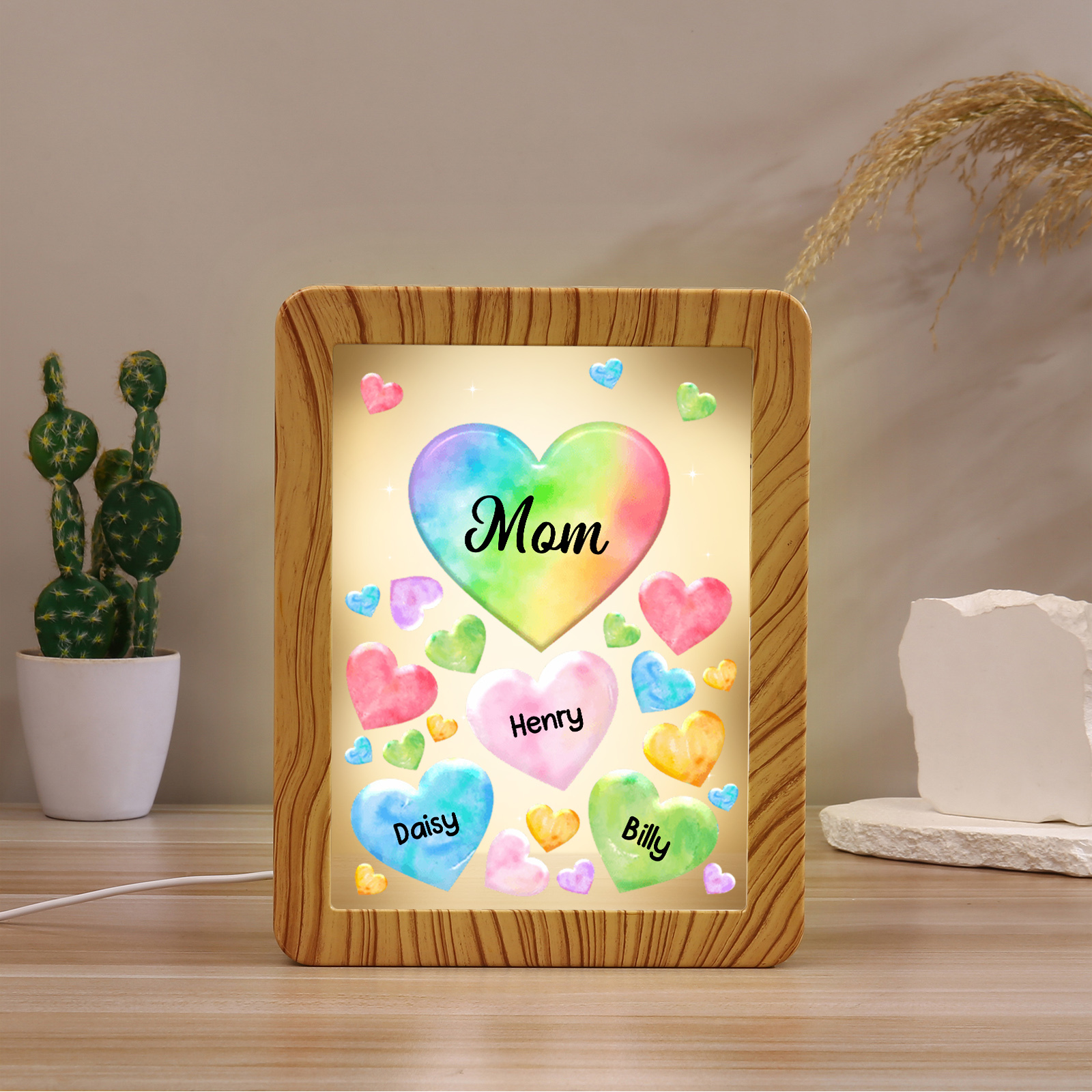 Marco/Espejo con LED Multifuncional Corazones 1-7 Nombres Personalizados con 1 Texto-Jessemade ES