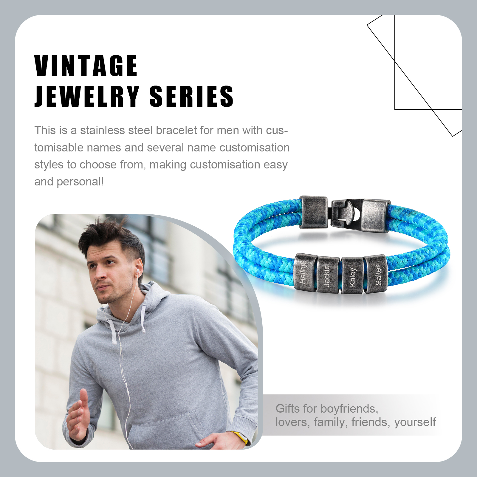 2-4 Nombres Personalizados Pulsera de Cuerda Celeste Aros de Acero Inoxidable-Jessemade ES