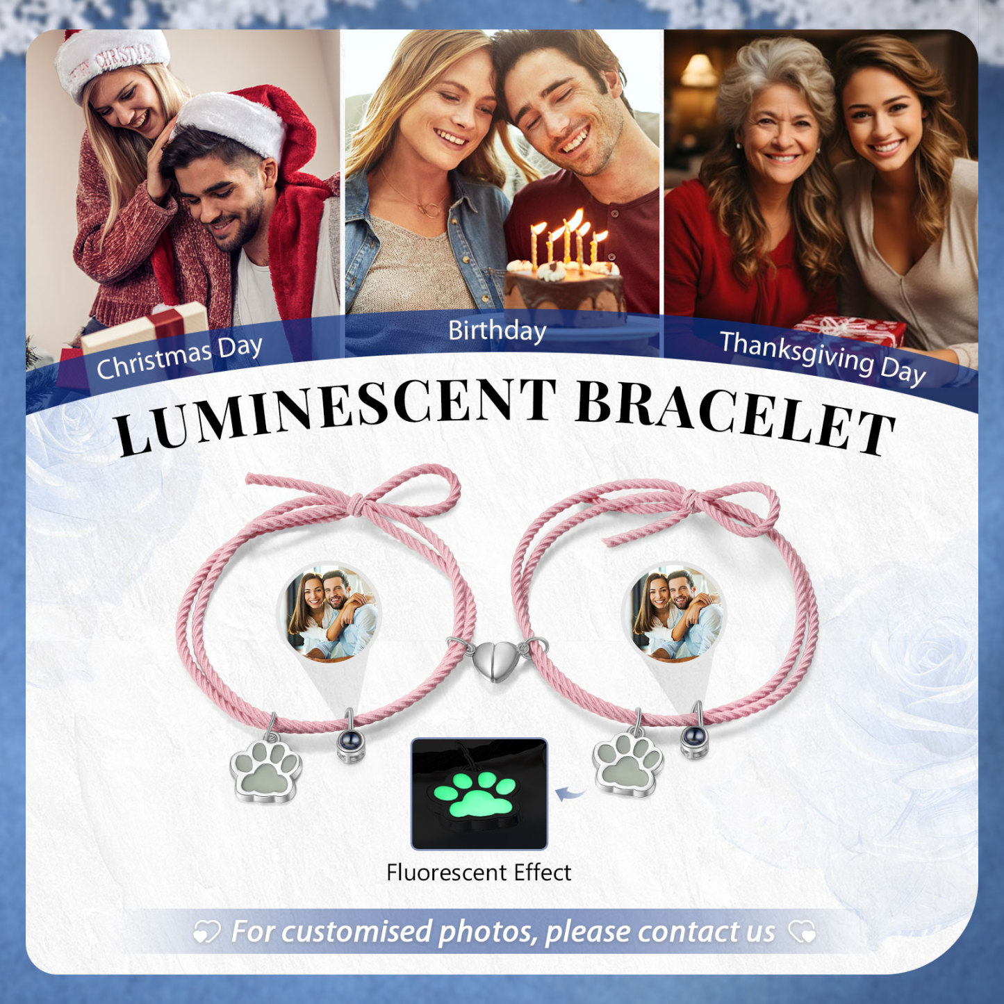 Pulsera para pareja de pata fluorescente con proyección de foto con dije de corazón magnético-Jessemade ES