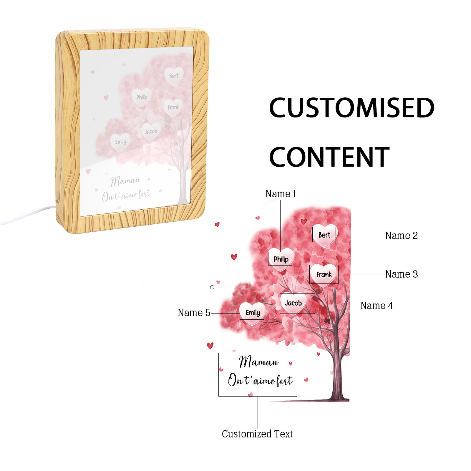 Marco/Espejo con LED Multifuncional Árbol de la Vida 1-10 Nombres Personalizados con 1 Texto-Jessemade ES