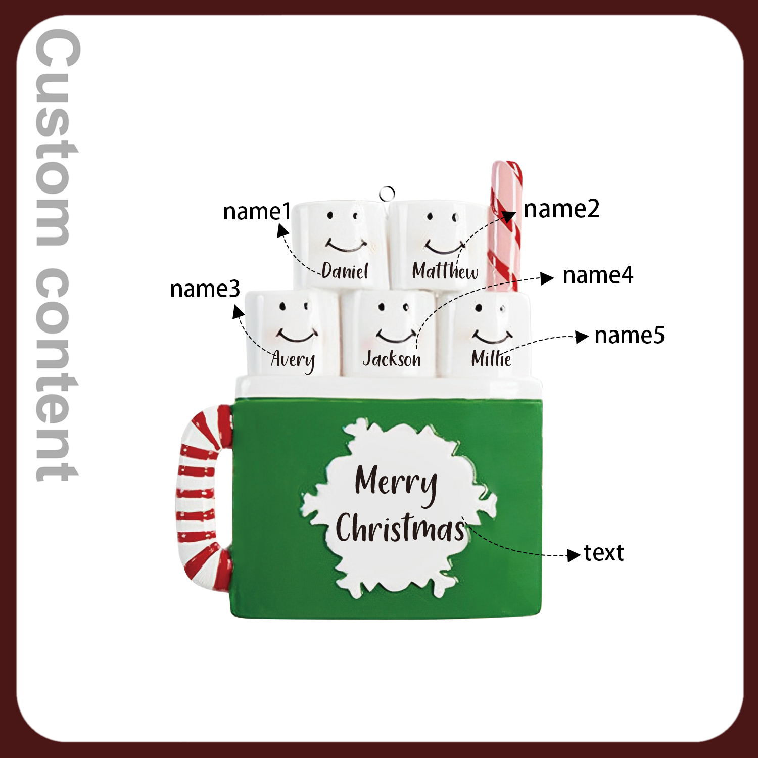 Navidad-Ornamento muñecos navideño de madera taza 5 nombres y 1 texto personalizados adorno del árbol-Jessemade ES