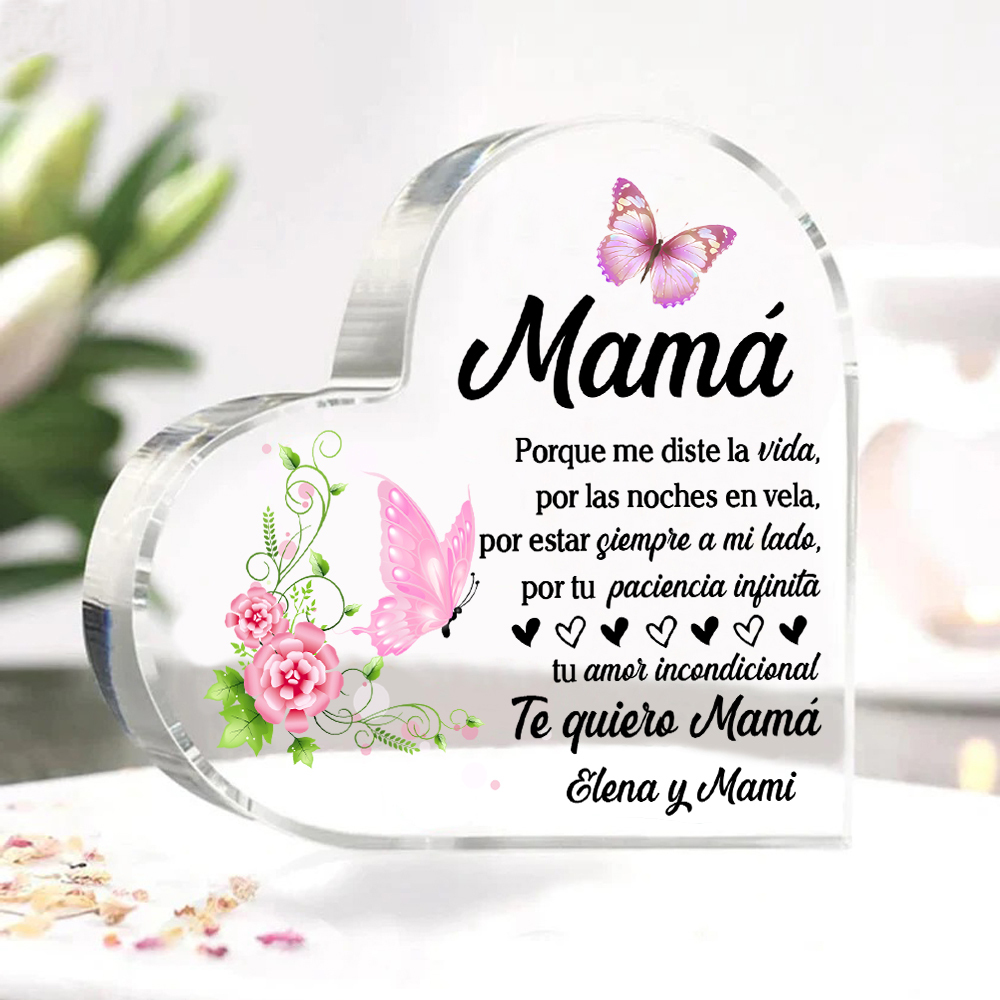 A mi mamá-Placa de acrílico en forma de corazón mariposas y frases amorosos 1 texto personalizado-Jessemade ES