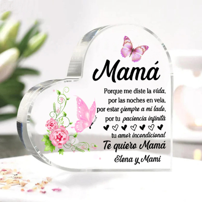 A mi mamá-Placa de acrílico en forma de corazón mariposas y frases amorosos 1 texto personalizado-Jessemade ES