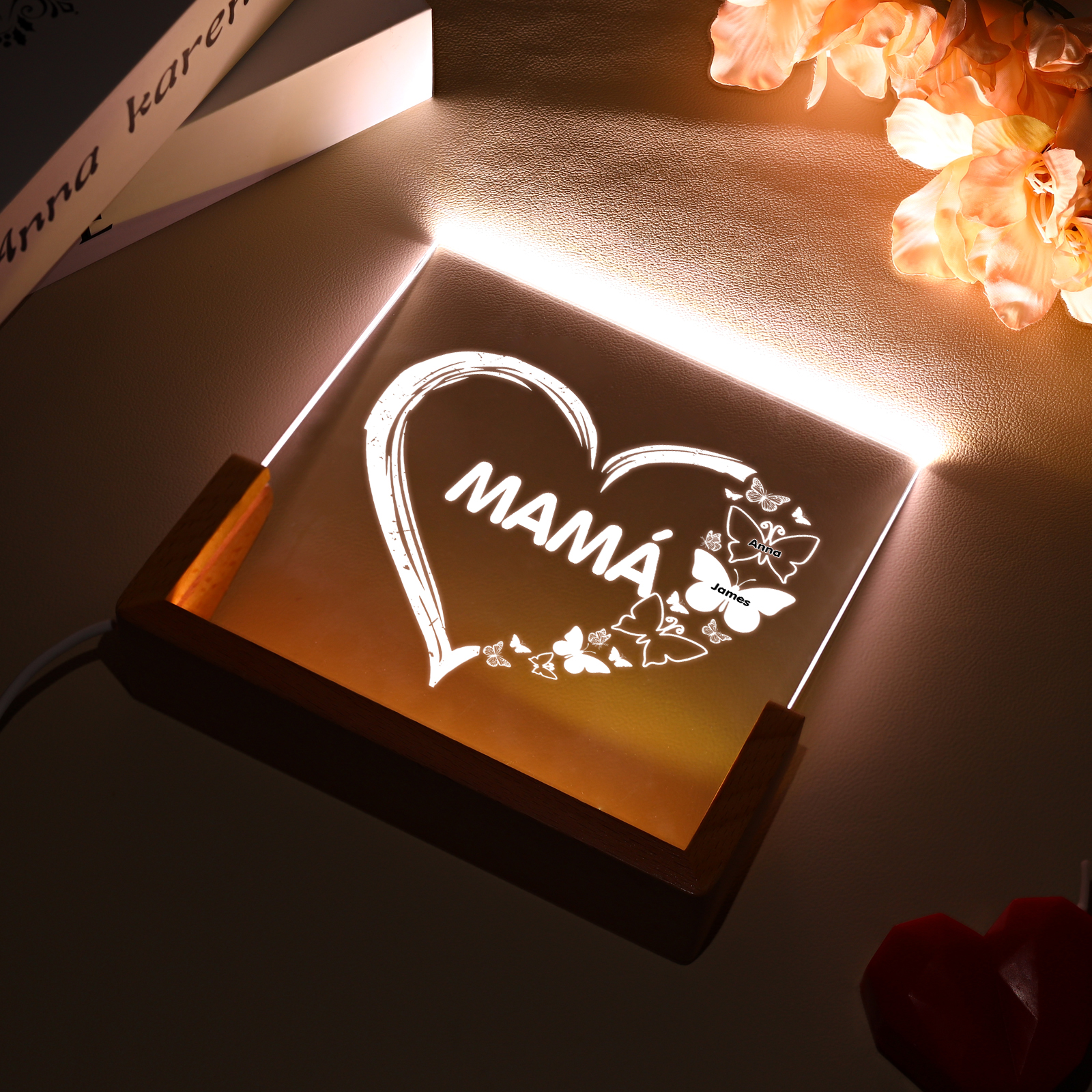 A mi mamá/abuela-Lámpara Personalizada con 2-8 Nombres y 1 Texto "corazón y mariposas" 3D Ilusión Luz de Noche-Jessemade ES