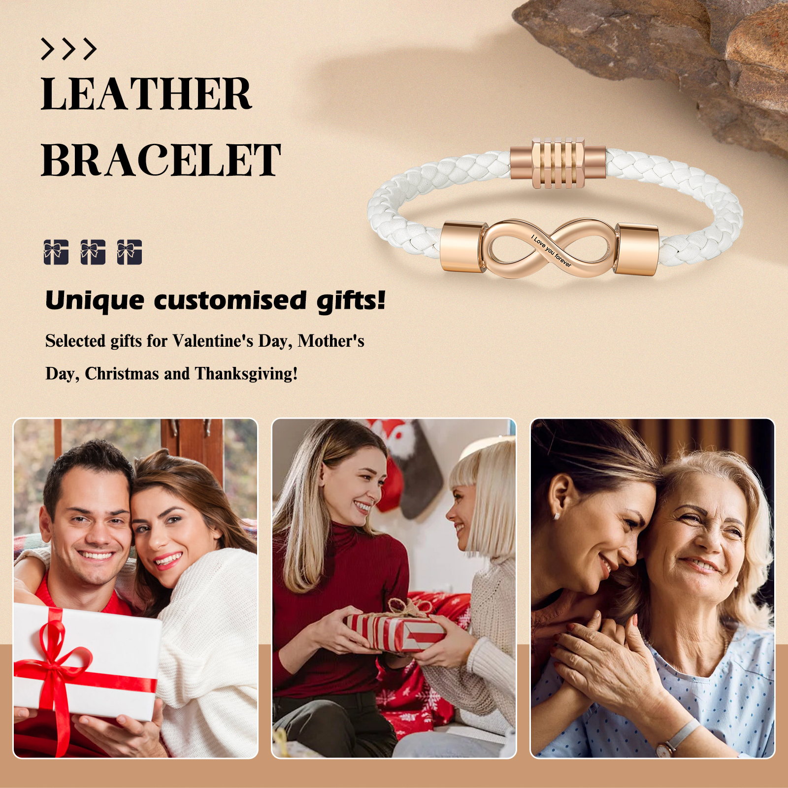 Pulsera de cuero con nudo infinito 1 texto personalizado-Jessemade ES