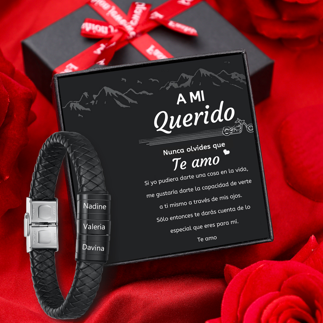 A mi querido-Pulsera de cuero trenzado de hombre con 3 perlas personalizadas con 3 nombres-Jessemade ES