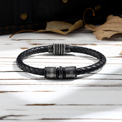 Pulsera de cuero trenzado con 2 aros 2 nombres personalizados pulsera de hombre -Jessemade ES