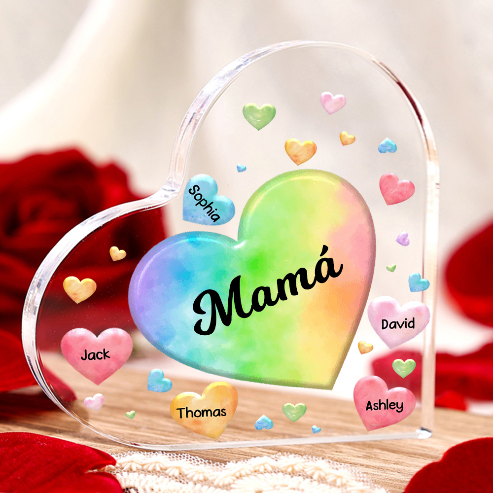 A mi mamá/abuela-Placa de acrílico "Corazones" en forma de corazón 5 nombres y 1 texto personalizados-Jessemade ES