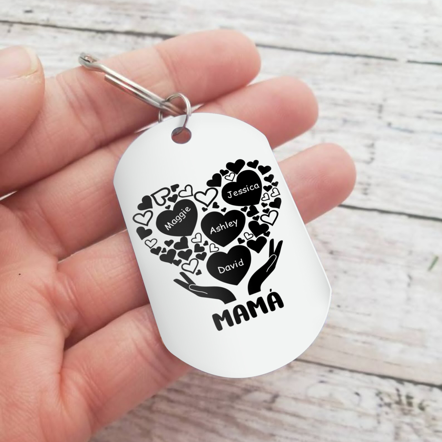 A mi mamá/abuela-Llavero 1-7 Nombres Personalizados con Texto CORAZONES Y MANOS