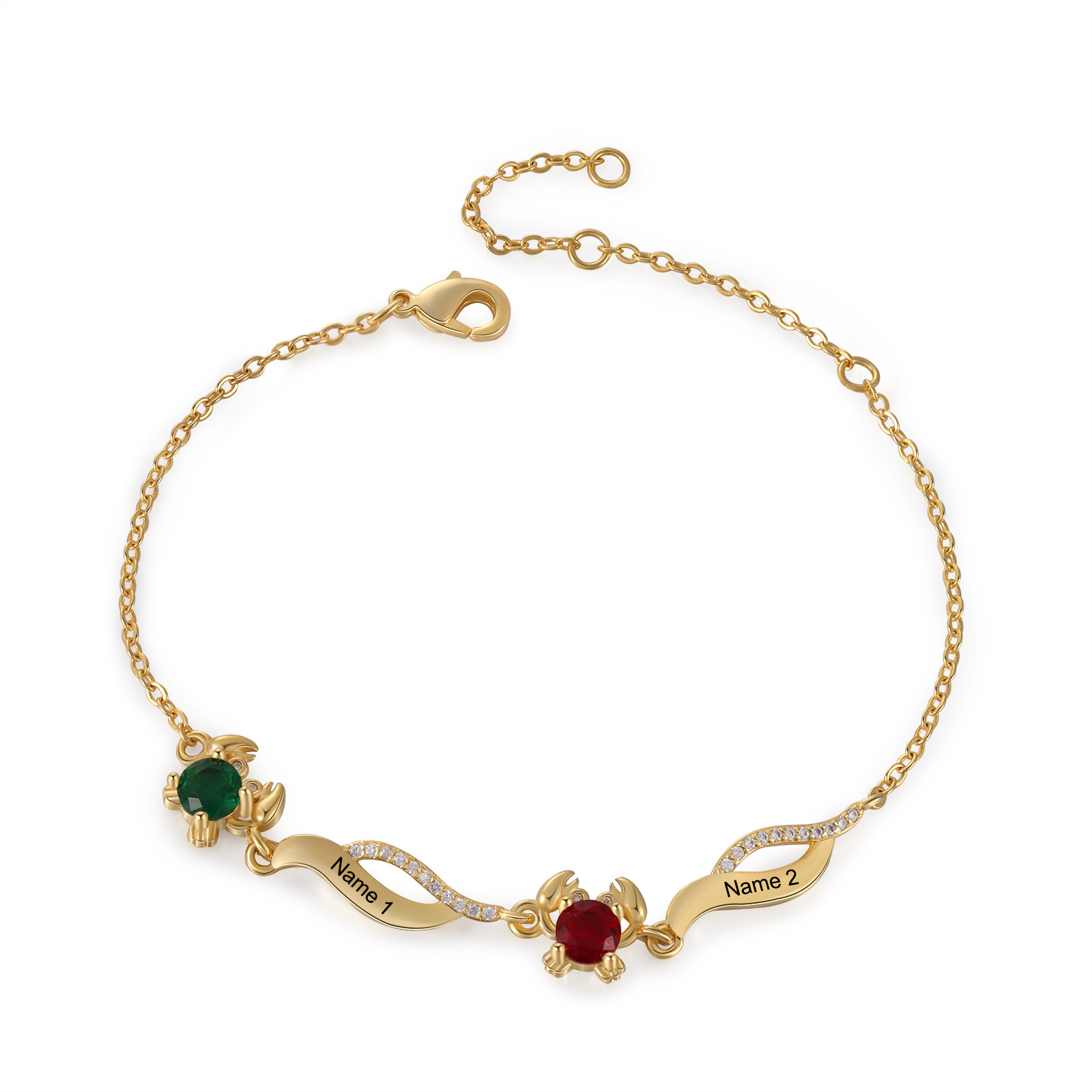 Pulsera con dije de cangrejo para mujer personalizada con 2 nombres y 2 piedras de nacimiento-Jessemade ES