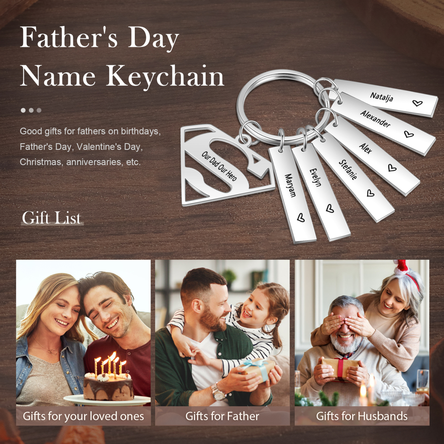 A mi papá - Llavero Superman con 6 nombres personalizados con texto-Jessemade ES