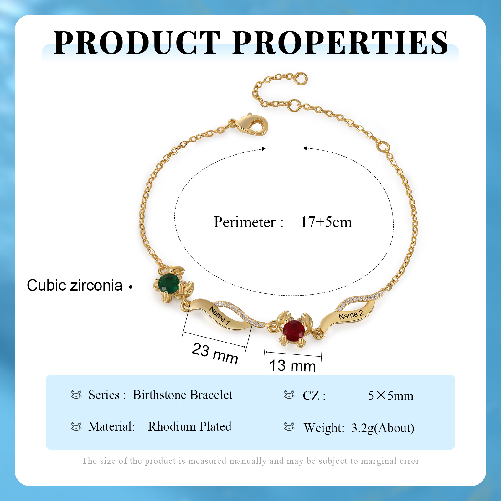 Pulsera con dije de cangrejo para mujer personalizada con 2 nombres y 2 piedras de nacimiento-Jessemade ES