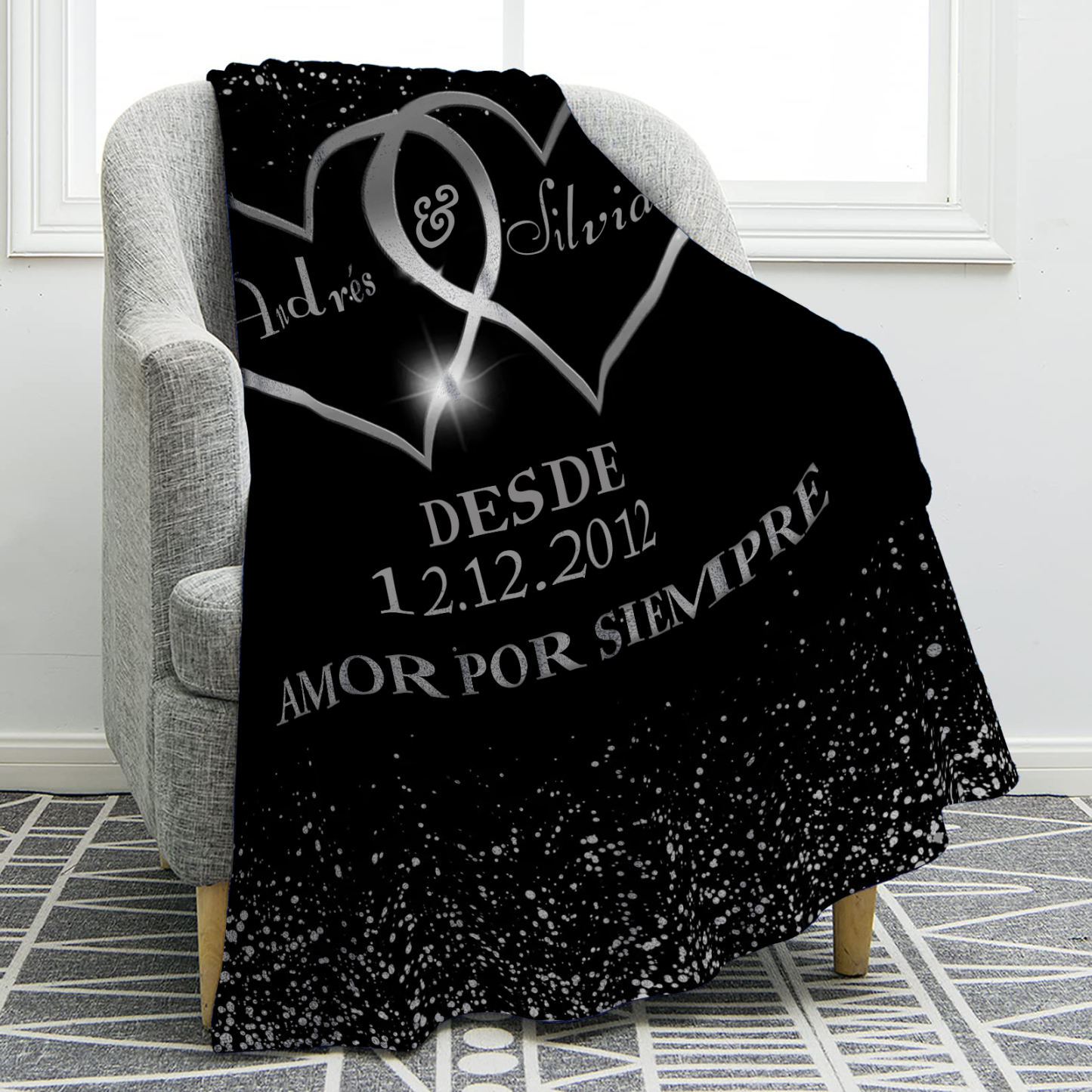 Pareja-Manta de buen calidad de corazones conectados personalizada con nombres, texto y fecha 4 colores-Jessemade ES