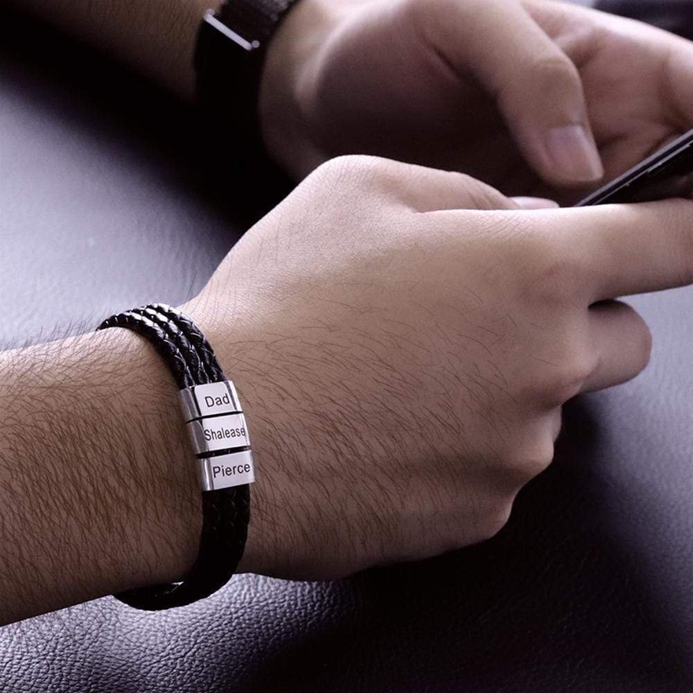 Pulsera de tres cueros trenzados 8 aros con 8 nombres personalizados pulsera de hombre-Jessemade ES
