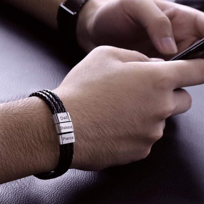 Pulsera de tres cueros trenzados 8 aros con 8 nombres personalizados pulsera de hombre-Jessemade ES