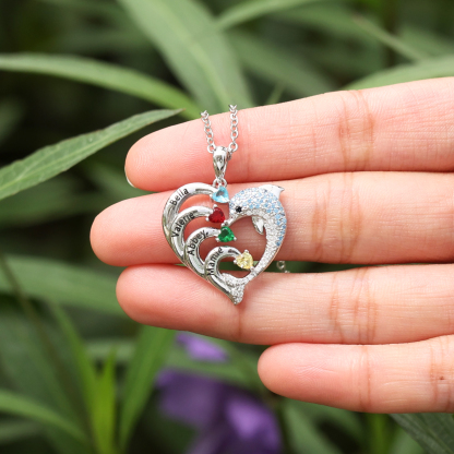 Collar para mujer en corazón delfín 4 nombres y 4 piedras de nacimiento personalizados