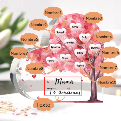 A mi mamá/abuela-Placa de acrílico "Árbol" en forma de corazón 10 nombres y 1 texto personalizados-Jessemade ES