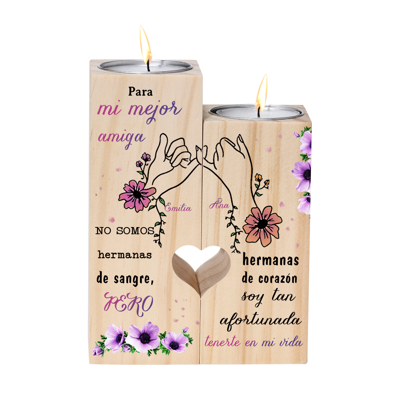 Candelero para amiga de madera de dos piezas sin candela con nombres personalizados-Jessemade ES