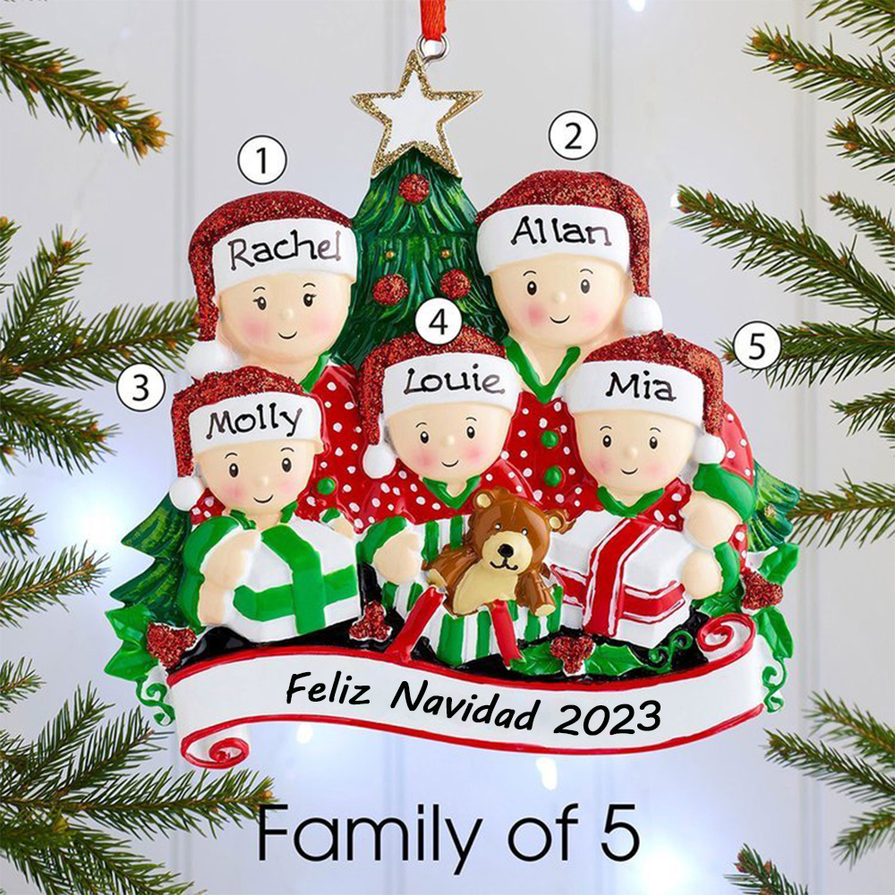 Navidad-Ornamentos de resina muñecos navideños familia y regalos 5 nombres personalizados con texto adorno de árbol