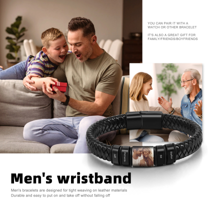 Pulsera de Cueros Trenzados Aros Personalizados de 2-4 Nombres y Placa de Foto-Jessemade ES