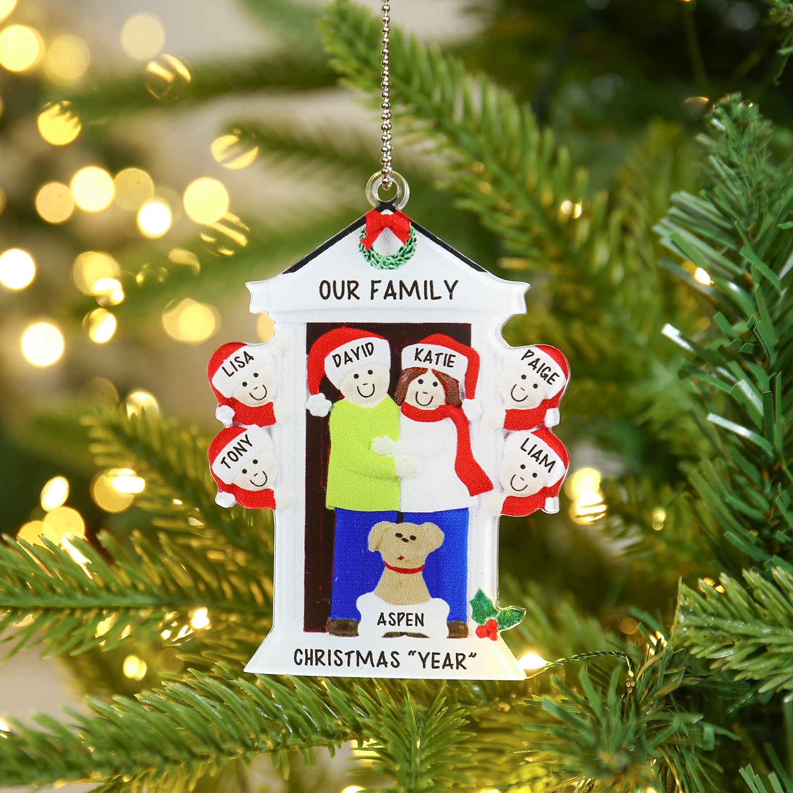 Navidad-Ornamentos Navideños de Acrílico Familia en Puerta con Perro 7 Nombres Personalizados con 2 Textos-Jessemade ES