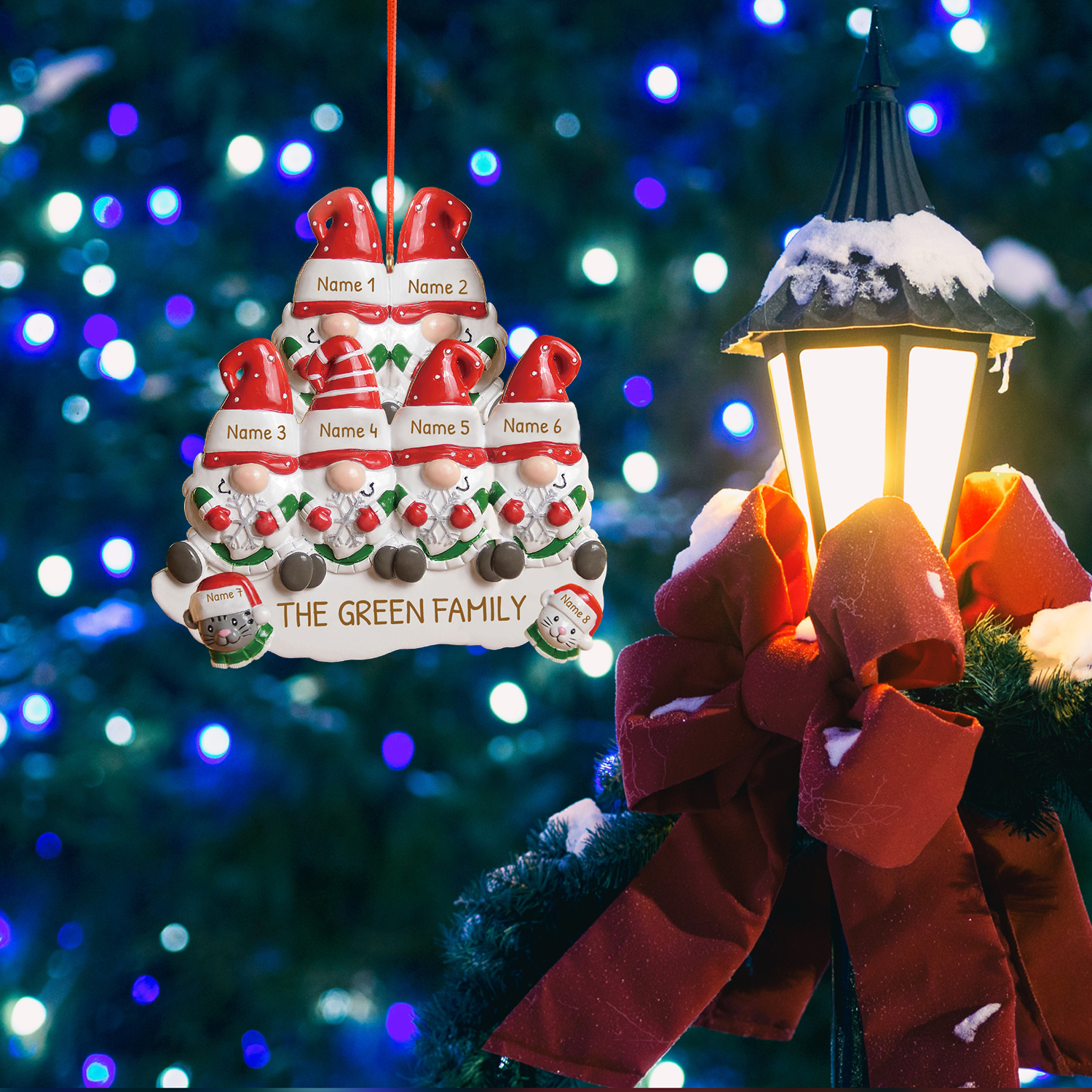 Navidad-Ornamento Navideño Familia de Dos con Gato 3 Nombres y Texto Personalizados Adorno de Madera