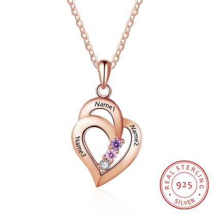Collar para mujer de corazón de plata 925 personalizado con 3 piedras de nacimiento y 3 nombres