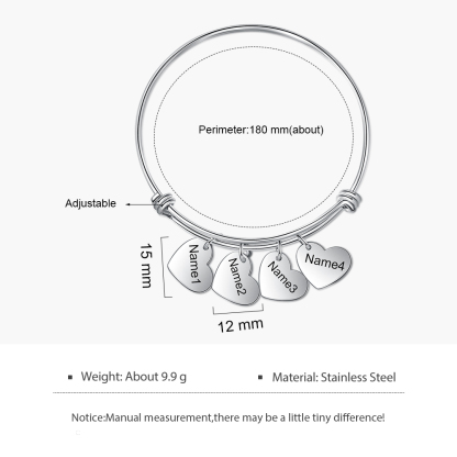 Pulsera con 4 nombres personalizados y 4 dijes de corazón-Jessemade ES