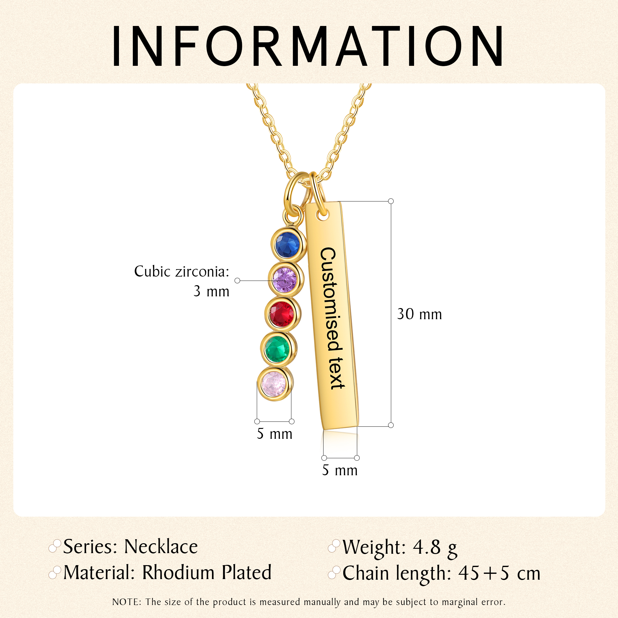 Collar con colgante de placa con 1-6 piedras de nacimiento personalizadas con texto-Jessemade ES