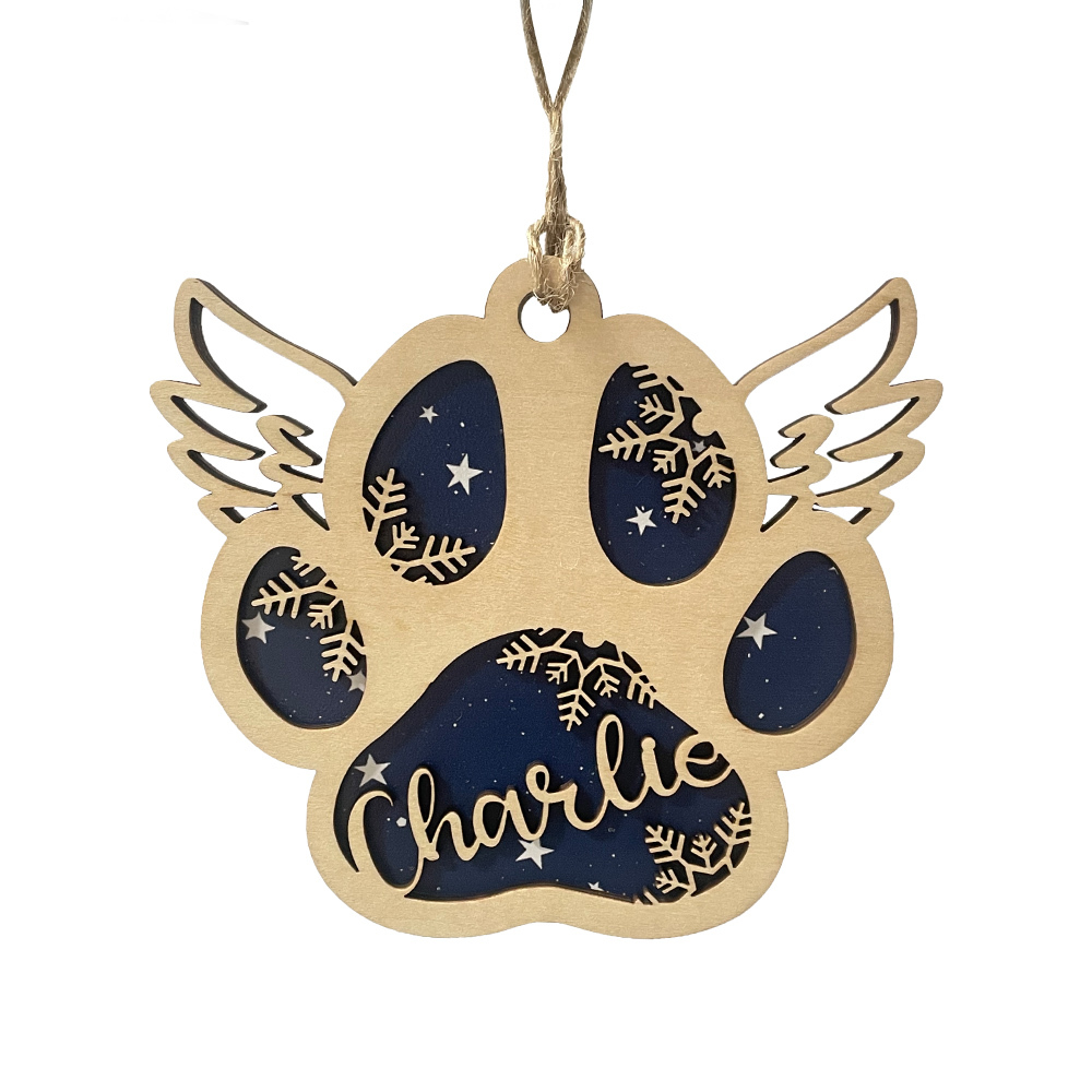 Navidad-Ornamento navideño de madera pata de perro con alas con 1 nombre personalizado
