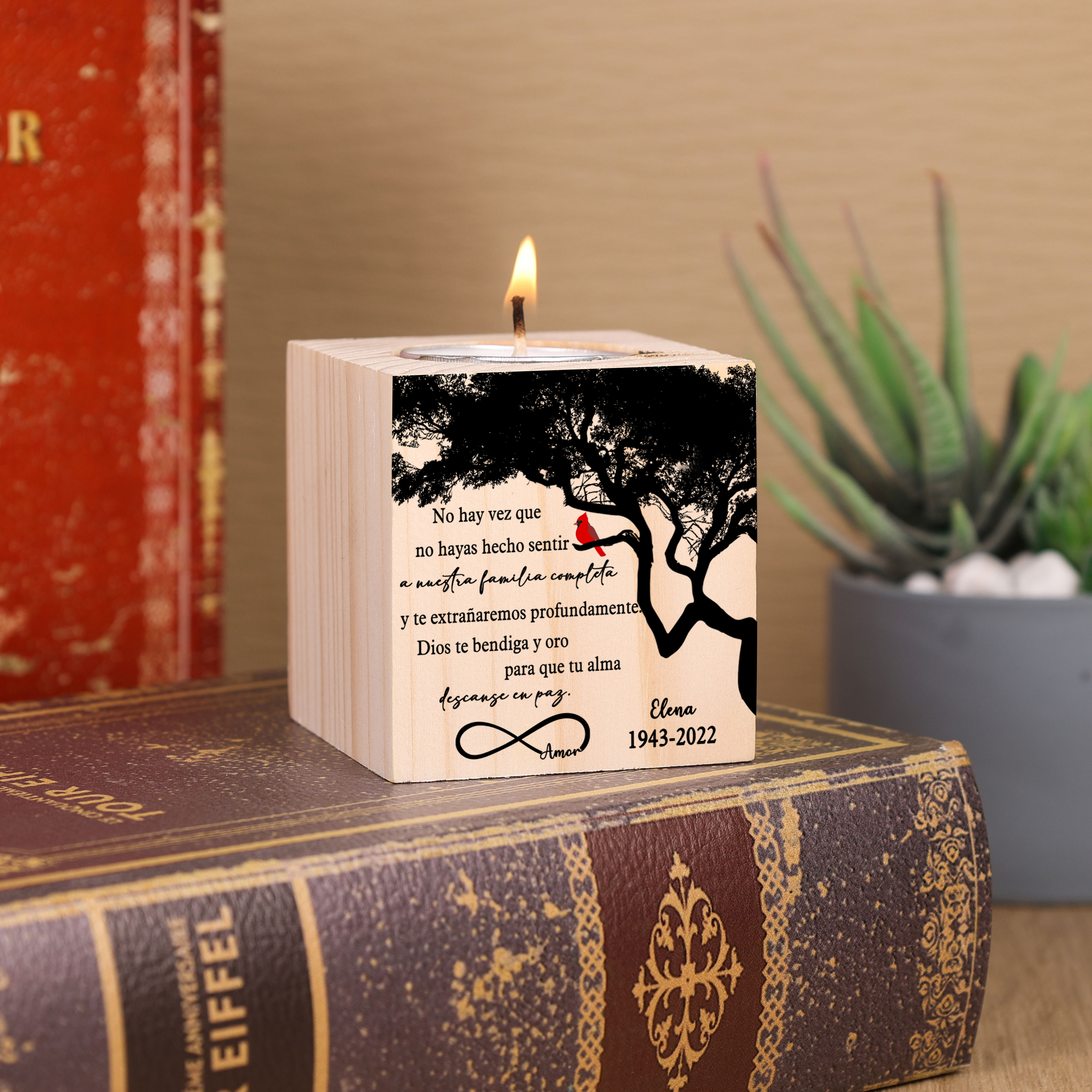 Navidad en el paraíso-Candelero en memoria de ser querido personalizado con nombre y años de madera sin vela-Jessemade ES