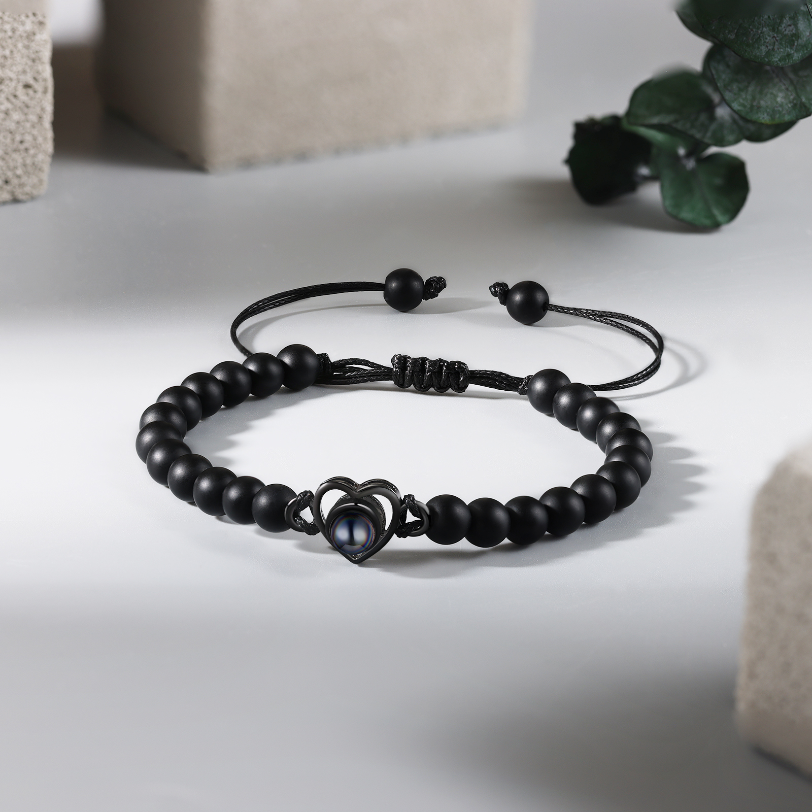 Pulsera de turquesa negra sintética con proyección de foto en color con dije de corazón pulsera ajustable-Jessemade ES