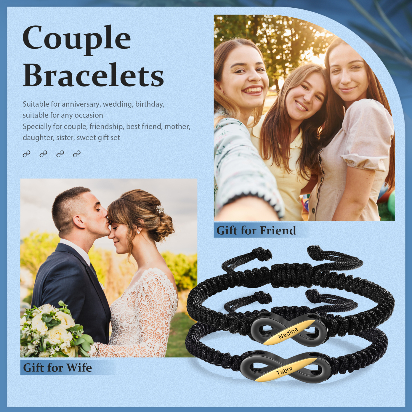 Pulseras de cuerda para pareja con dije de infinito nombre personalizado-Jessemade ES