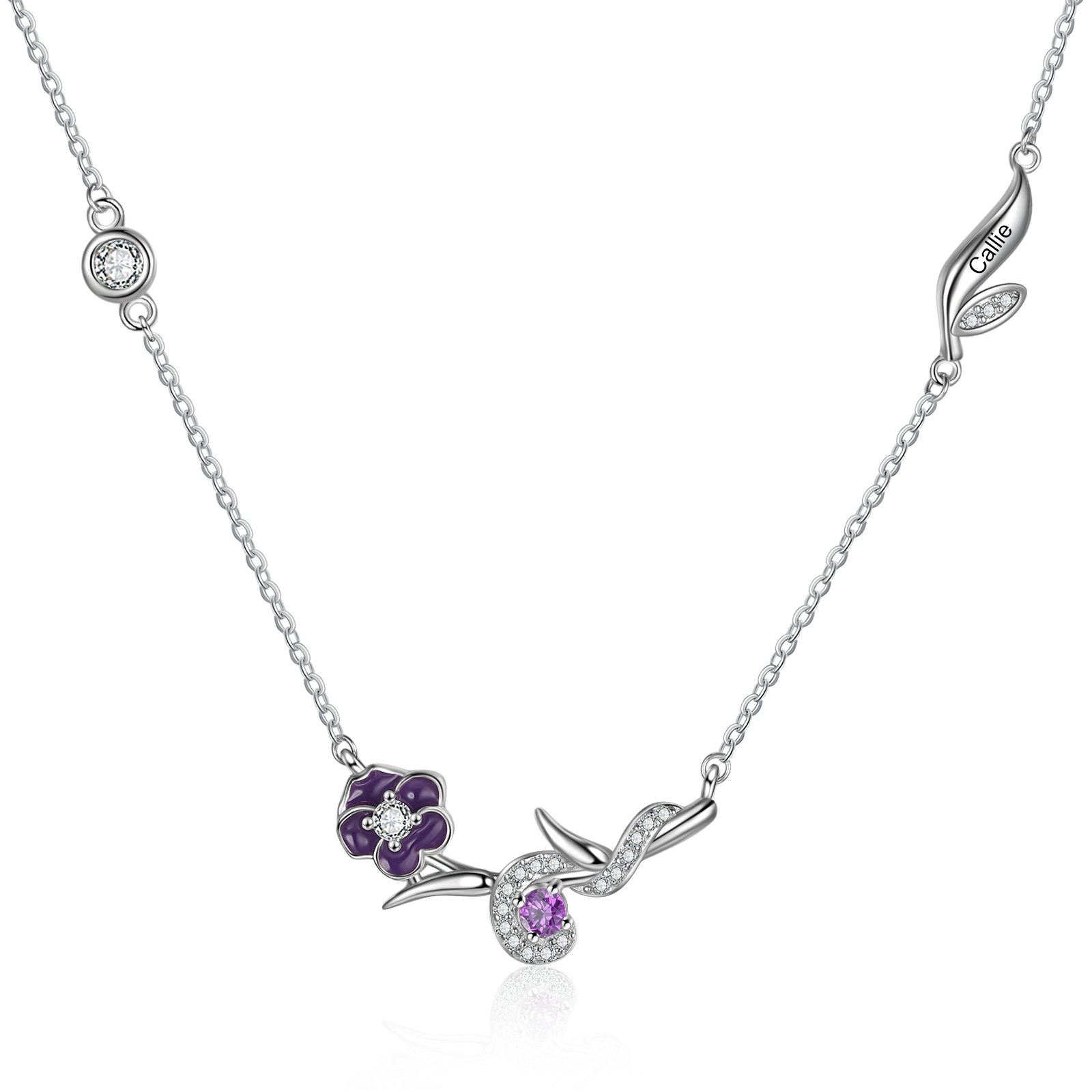 Collar de flor de febrero violeta con nombre personalizado y piedra de nacimiento-Jessemade ES