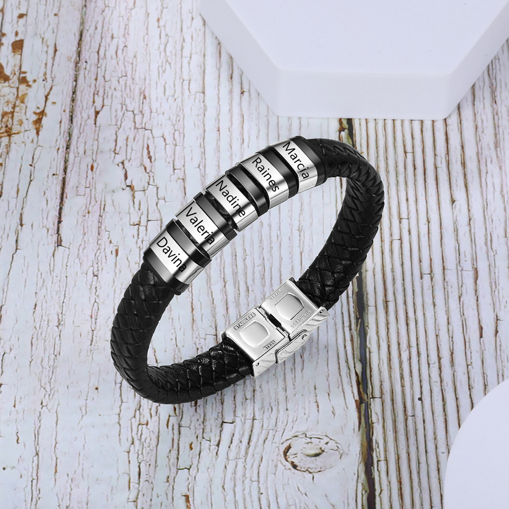 A MI PAPÁ-Pulsera de cuero trenzado de hombre con 5 perlas personalizadas con 5 nombres-Jessemade ES