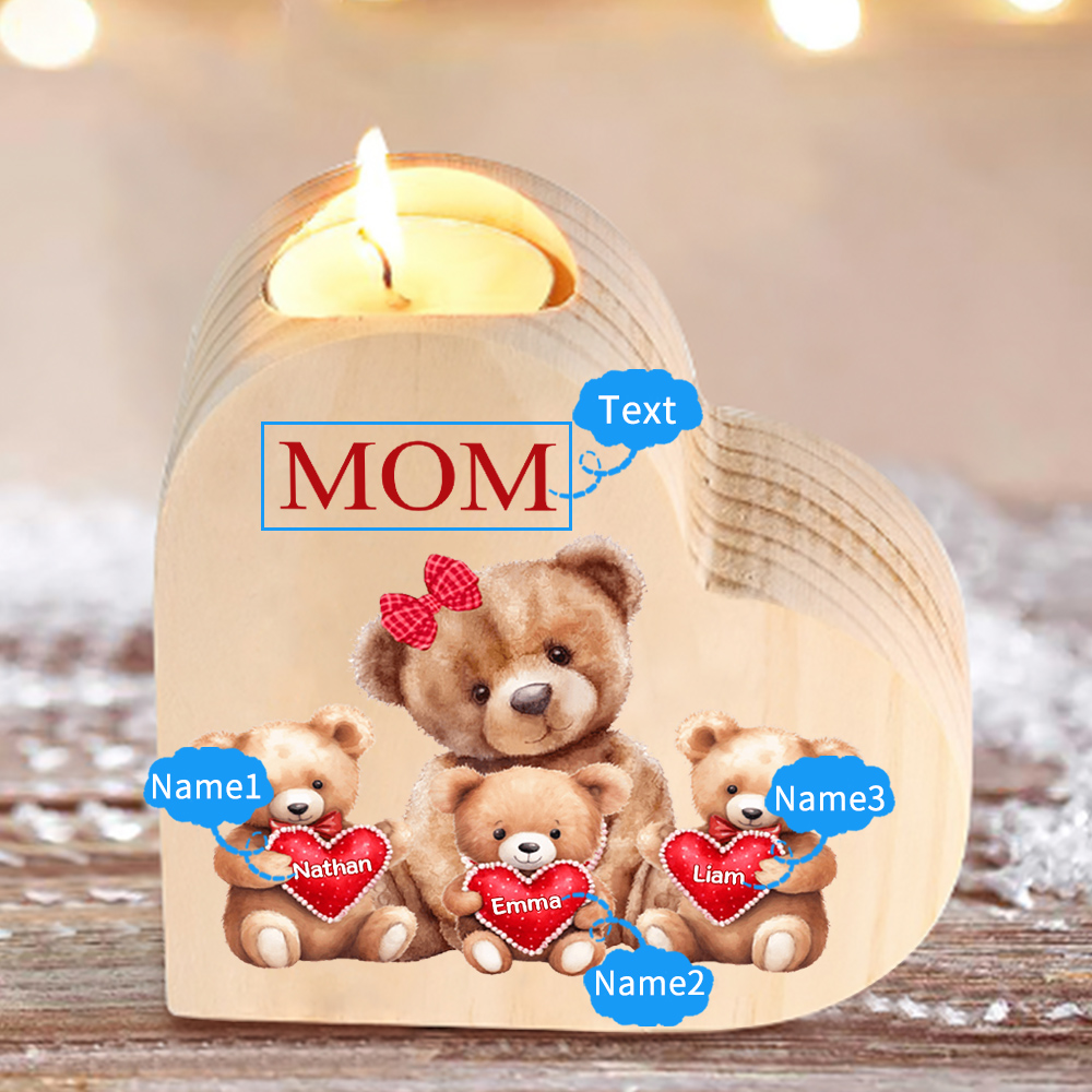 A mi mamá/abuela-Candelero osos 1-6 nombres y 1 texto personalizados en forma de corazón de madera sin candela-Jessemade ES