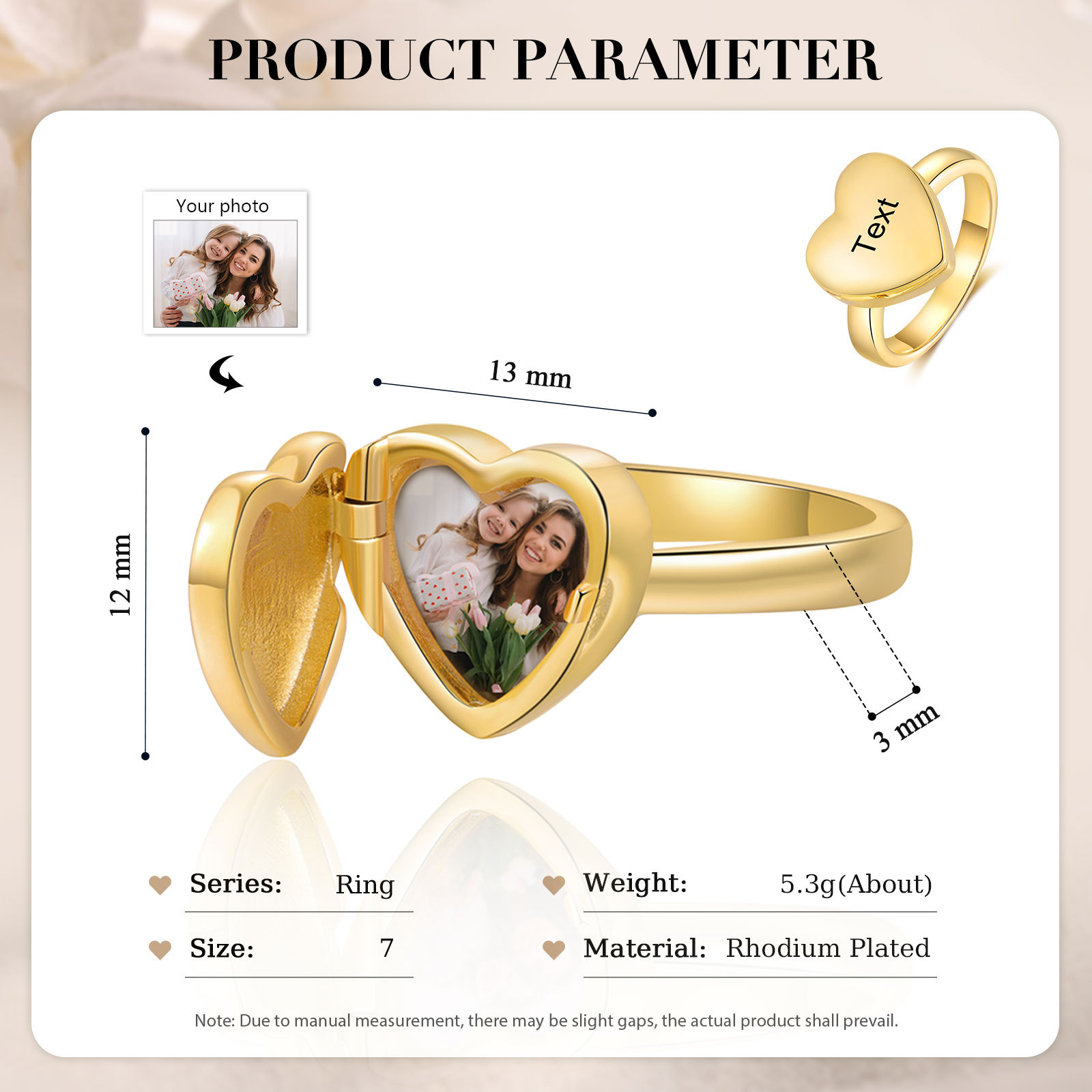 Anillo con corazón abierto personalizado con 1 foto y 1 texto-Jessemade ES