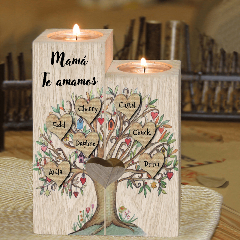 A la familia-Candelero de árbol de la vida de madera personalizado con 3-8 nombres y 1 texto sin vela-Jessemade ES