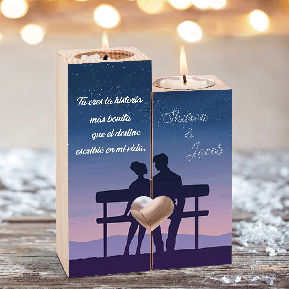 Candelero para pareja de madera de dos piezas sin candela con 2 nombres personalizados-Jessemade ES