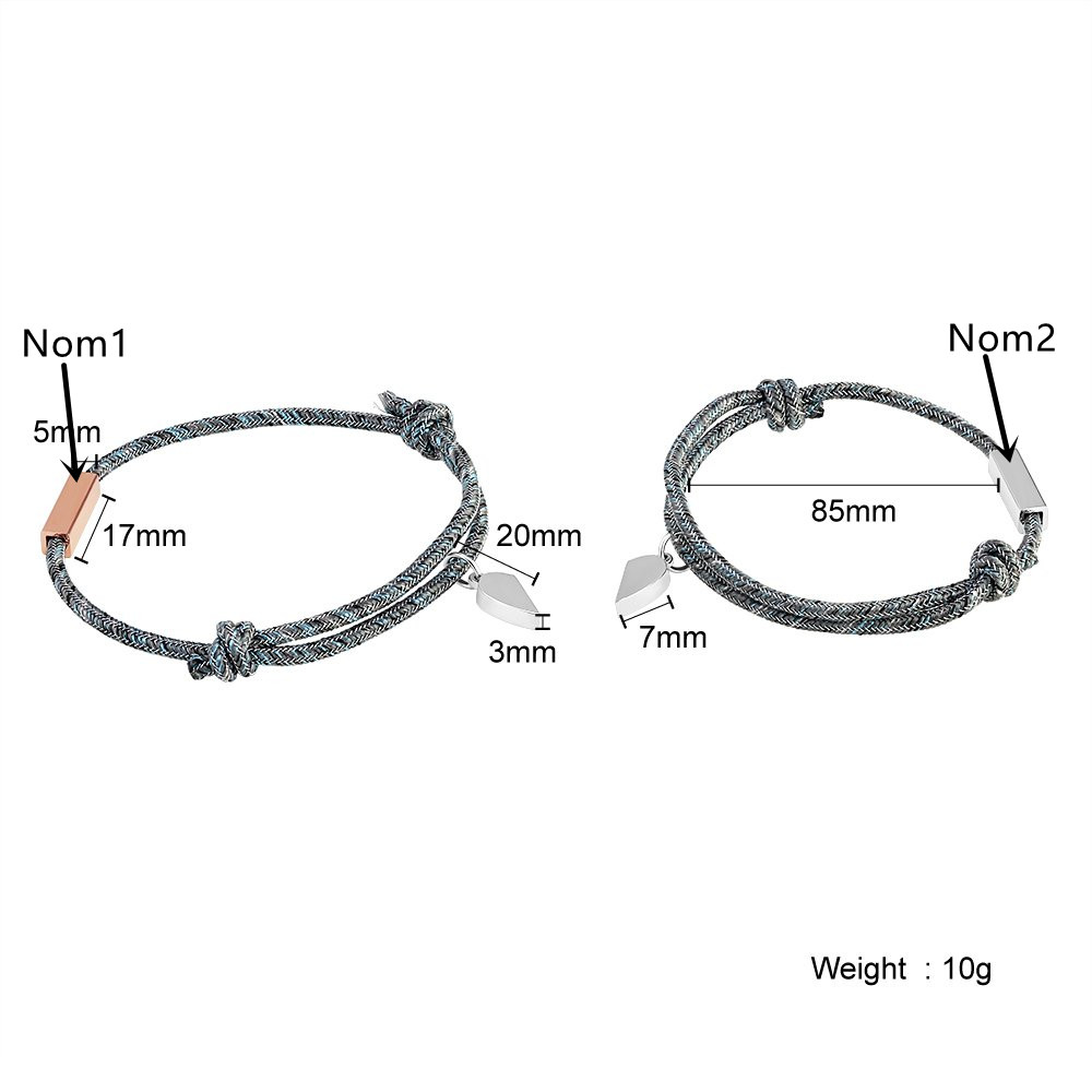 Pulsera de dos piezas de cuerda 2 nombres personalizados para pareja con dije magnético