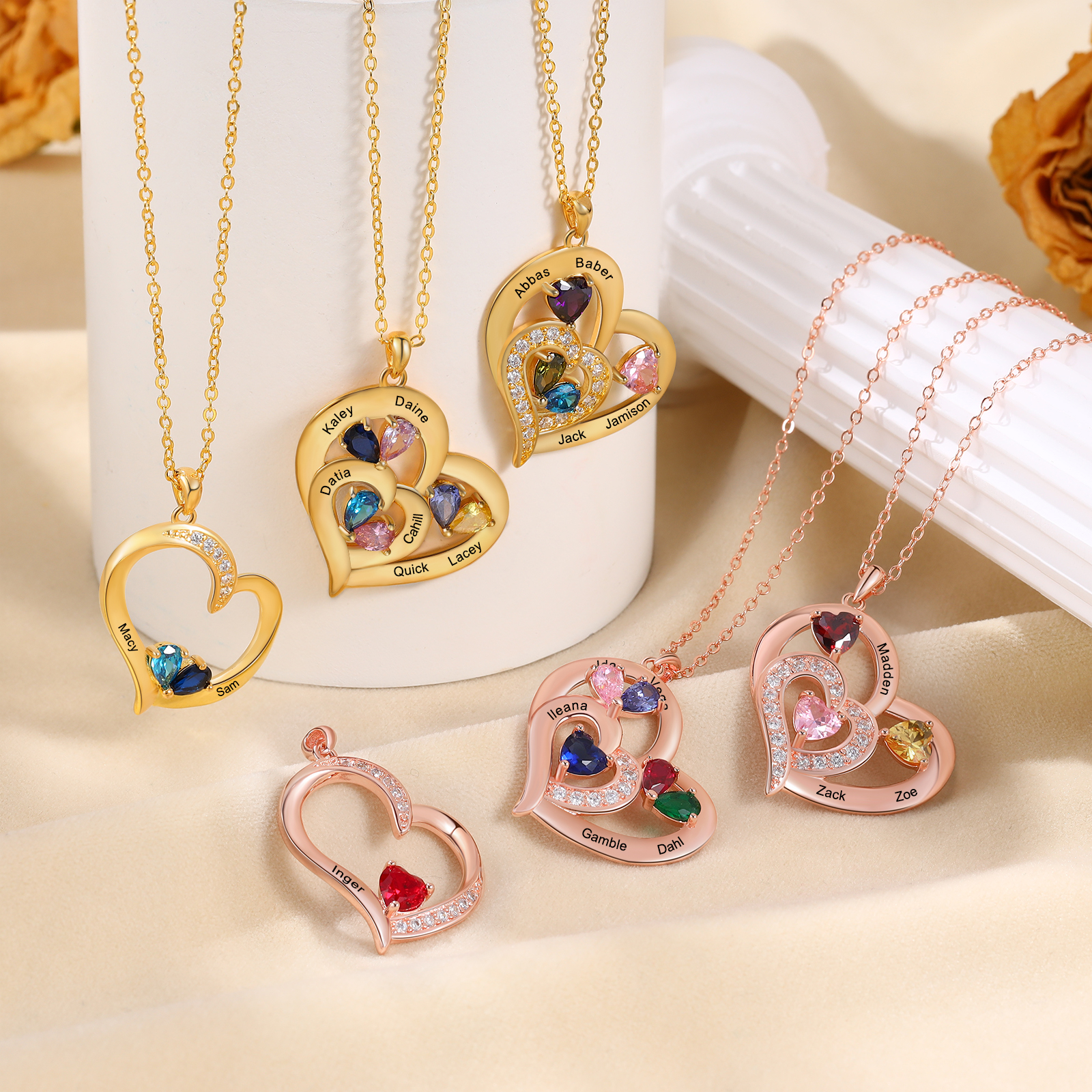 Collar corazón con 1-6 nombres personalizados y 1-6 piedras de nacimiento-Jessemade ES
