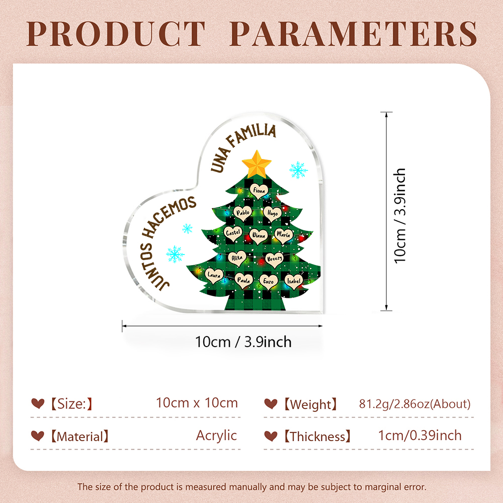 Navidad - Placa de acrílico en forma de corazón árbol con luces con 12 nombres personalizados-Jessemade ES