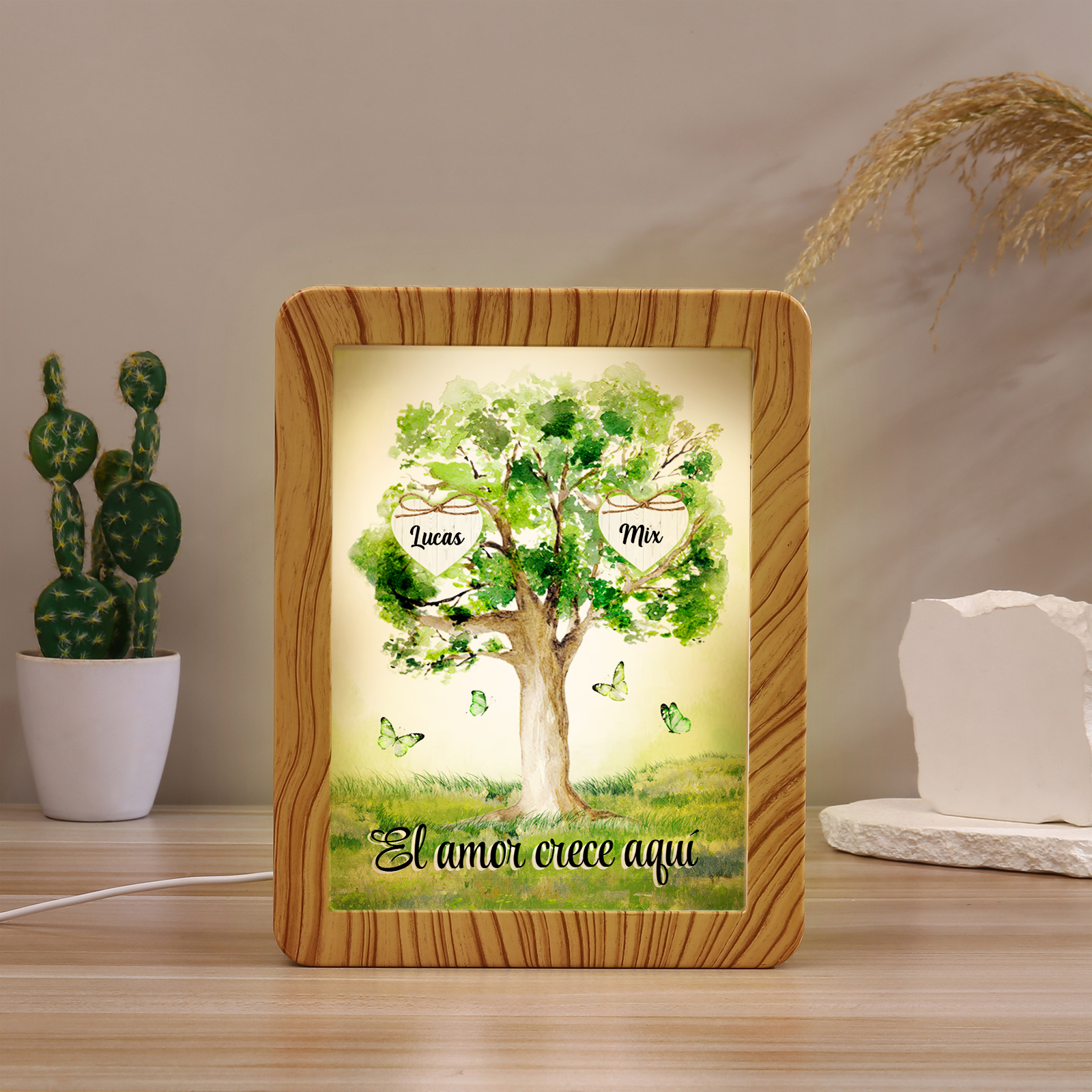 Marco/Espejo con LED Multifuncional Árbol de la Vida 2-8 Nombres Personalizados con 1 Texto-Jessemade ES